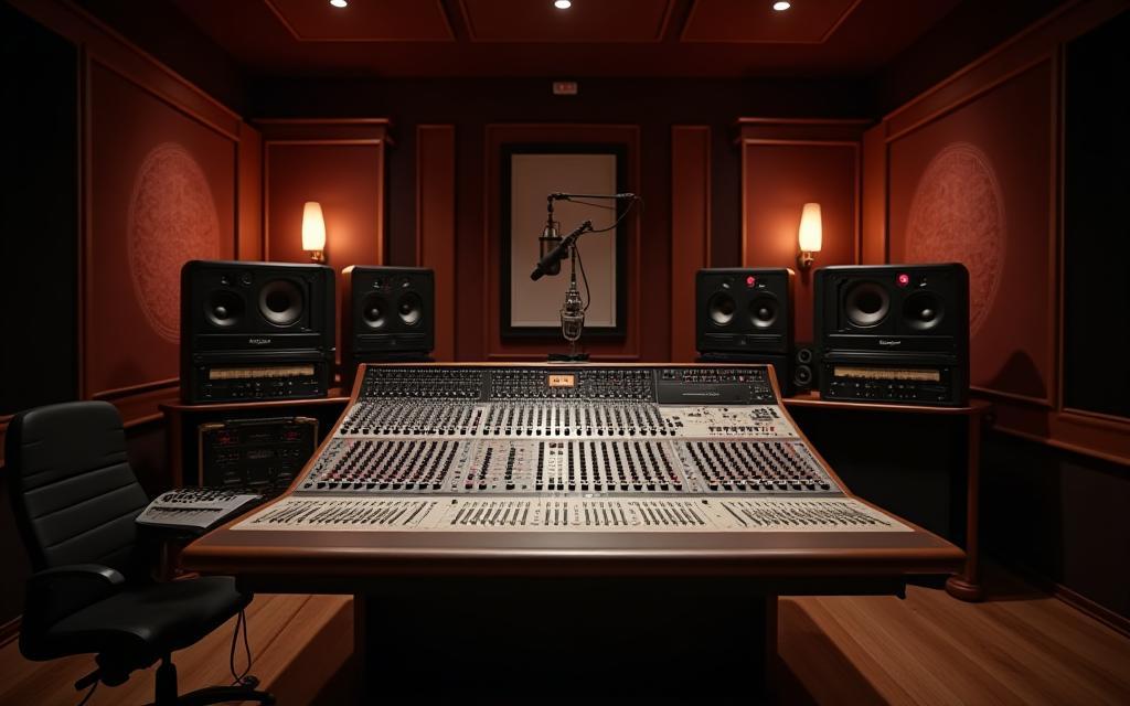 Ambiente de estúdio de áudio profissional com console de mixagem e microfones